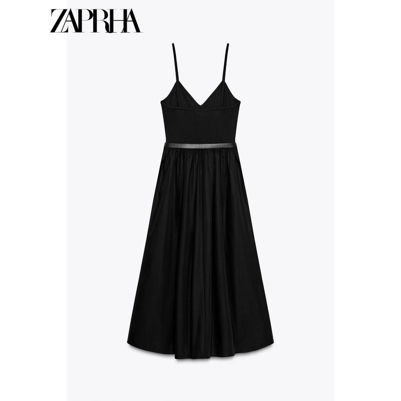 Zaprha2025 New Arrival Sexy Temperament with Belt Patchwork Midi Skirt V-neck Strap Dress Waist 1165065