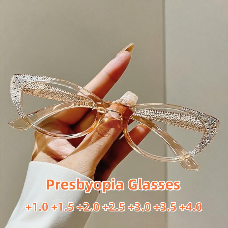Fashionable Small Frame Cat Eye Presbyopia Glasses Ladies Diamond Inlaid Anti Blue Light HD Glasses