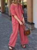 2025 Summer Women's Cotton Linen Two-Piece Set: Loose Casual Long Pants & Solid Color Top