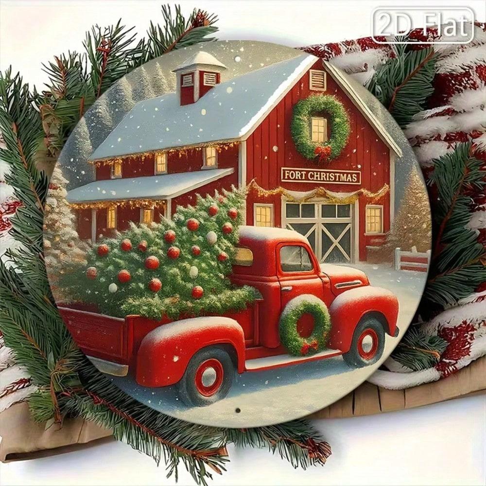 Round Tinplate Wall Art, Flat Christmas Ornament for Modern Living Room Decor
