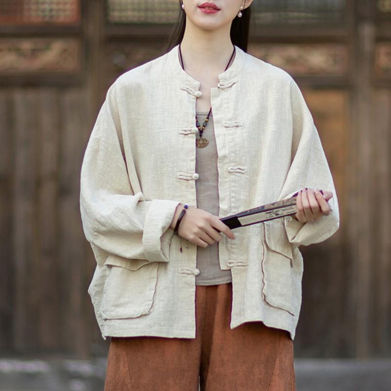 Johnature Women Vintage Shirts Tops Spring Chinese Style Solid Color Blouses Pockets Button Stand Shirts