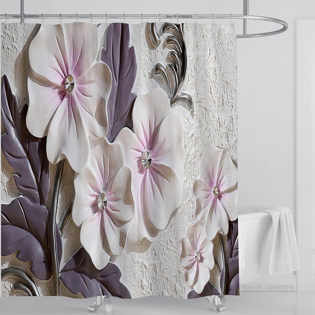 3D Stereo Beautiful Flower Printing Bathroom Curtain Waterproof Polyester Shower Curtain Home Decoration Curtain with Hooks