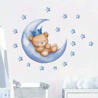 Cute Cartoon Teddy Bear On the Moon Wall Stickers, Self-Adhesive Decor for Kindergarten Kids Room Decoration