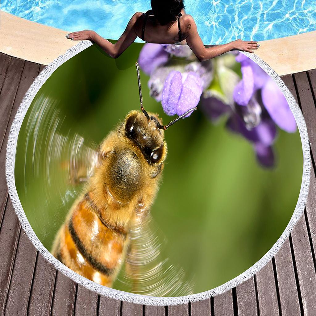 Yellow Bee Round Beach Towel Microfiber Quick Dry Lightweight Cartoon Animal Beach Blanket Throw Roundie Swim Pool Circle Towel