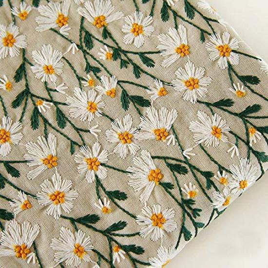 IRIZ Premium Daisy Embroidered Cotton-Linen Fabric 140 cm Width × 95 cm Pre-Cut (Floral / Embroidered)