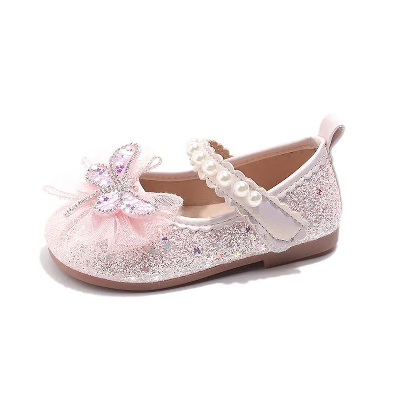 Girls Mary Janes Crystal Flats for Wedding Party Kids Sequined Butterfly-knot with Lace Princess Sweet Children Glitter Shoes