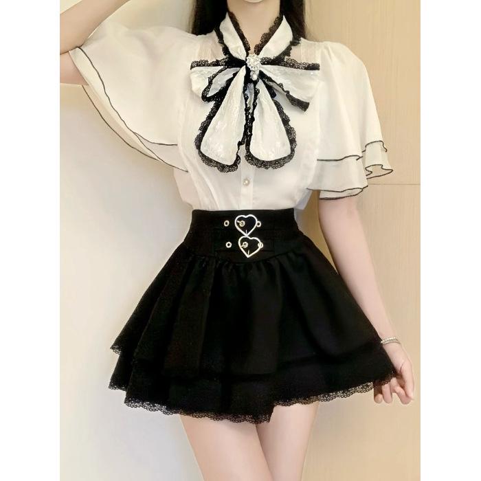 POSHOP Japanese Bell Sleeve Chiffon Top & Summer Skirt Two-Piece Set