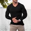 Men's Autumn Stand Collar V-Neck Long Sleeve T-Shirt, Vertical Striped Stretch Pullover Top for Sports Fitness Casual Daily Wear