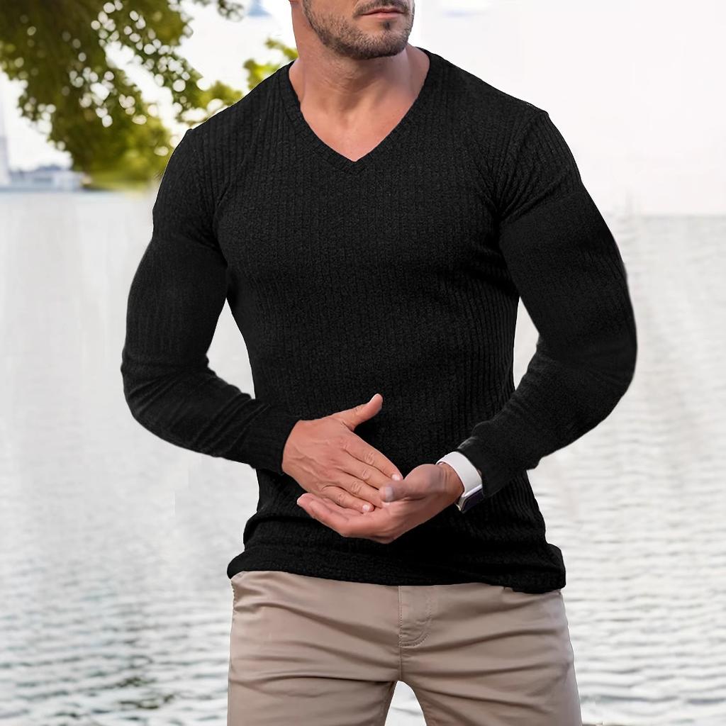 Men's Autumn Stand Collar V-Neck Long Sleeve T-Shirt, Vertical Striped Stretch Pullover Top for Sports Fitness Casual Daily Wear