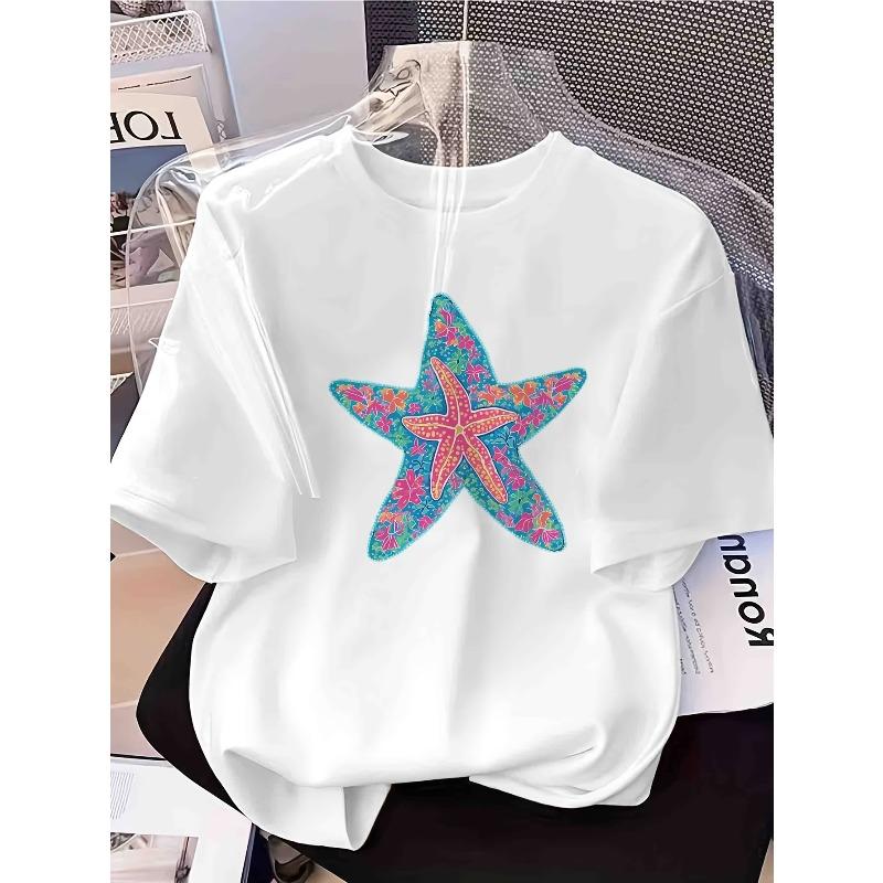 Colorful Starfish Floral Print Women S Inspirational T-Shirt - Round Neck Top - Lightweight Spring/Summer Casual S белый