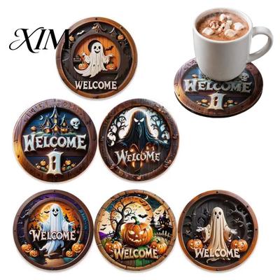 Fall Festival Tableware 6Pcs/Set Halloween Wooden Coasters, Retro Pumpkin Ghost Drink Coasters Round Heat Insulation Pads for Dining Table