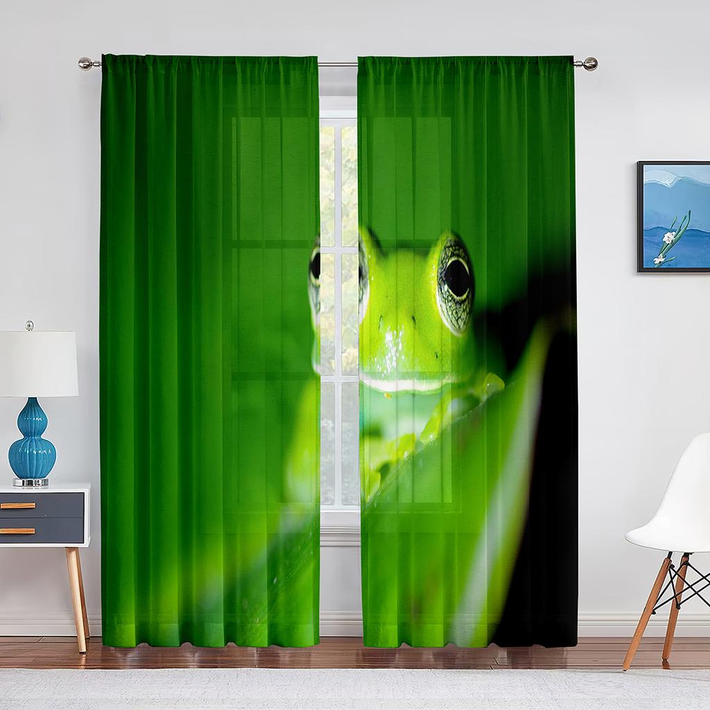 Grünes Tier Rote Augen Laubfrosch auf Blatt Tüllvorhang für Wohnzimmer Schlafzimmer Küchendekor Voile Transparenter Vorhang Fenstervorhänge