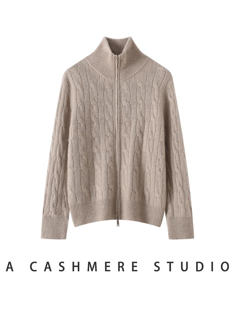Women's Half-High Collar Cashmere Cardigan - Thick Knit, Zipper, Casual Loose Fit for Autumn and Winter.