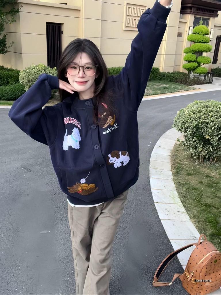 Women's Fun Cartoon Embroidery Chenille Cardigan Sweatshirt - Autumn Korean Lazy Style Loose BF Casual Baseball Jacket