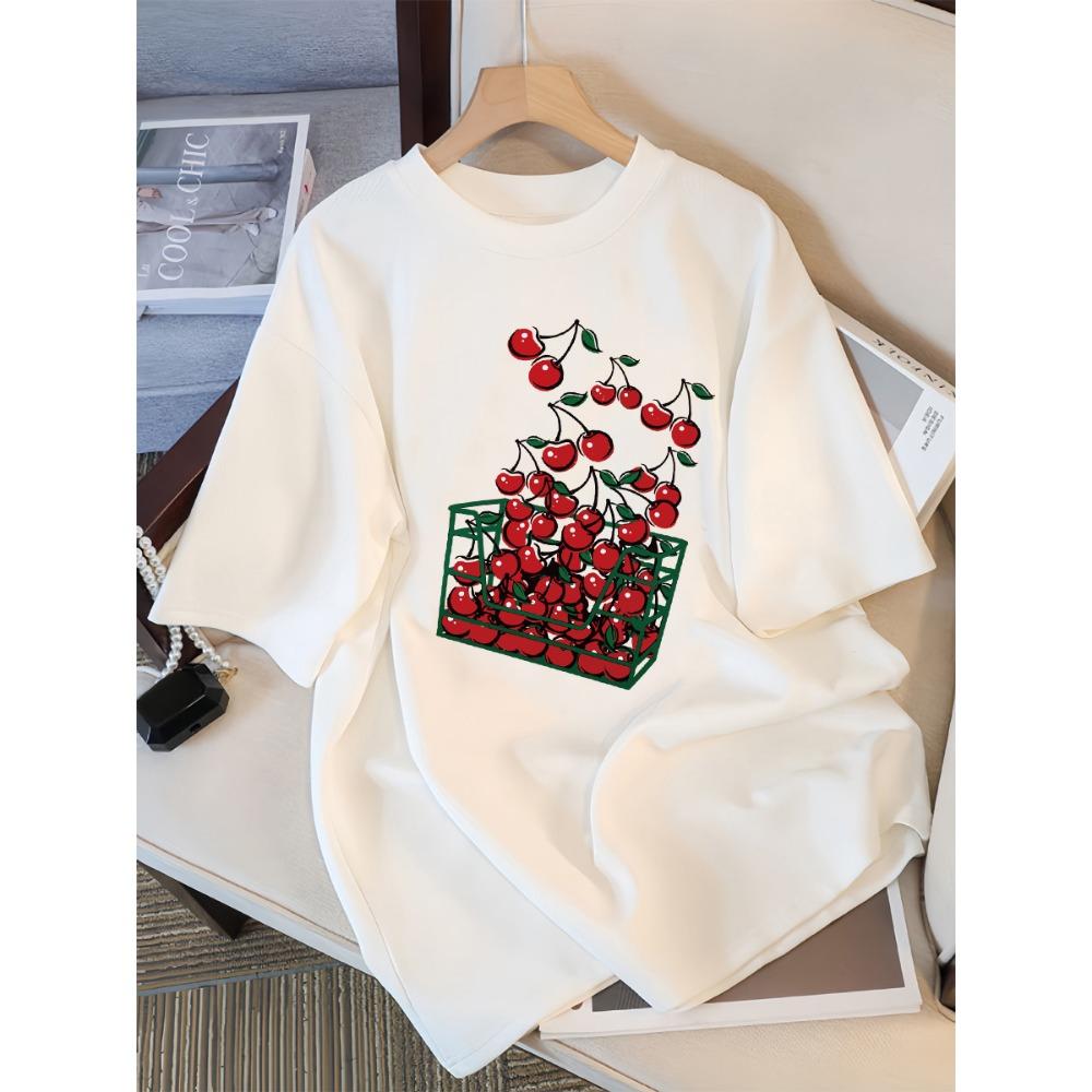 A Basket Of Cherries Printing Female Tee Shirt Breathable Casual T-Shirts Summer Short Sleeve Soft Loose Women