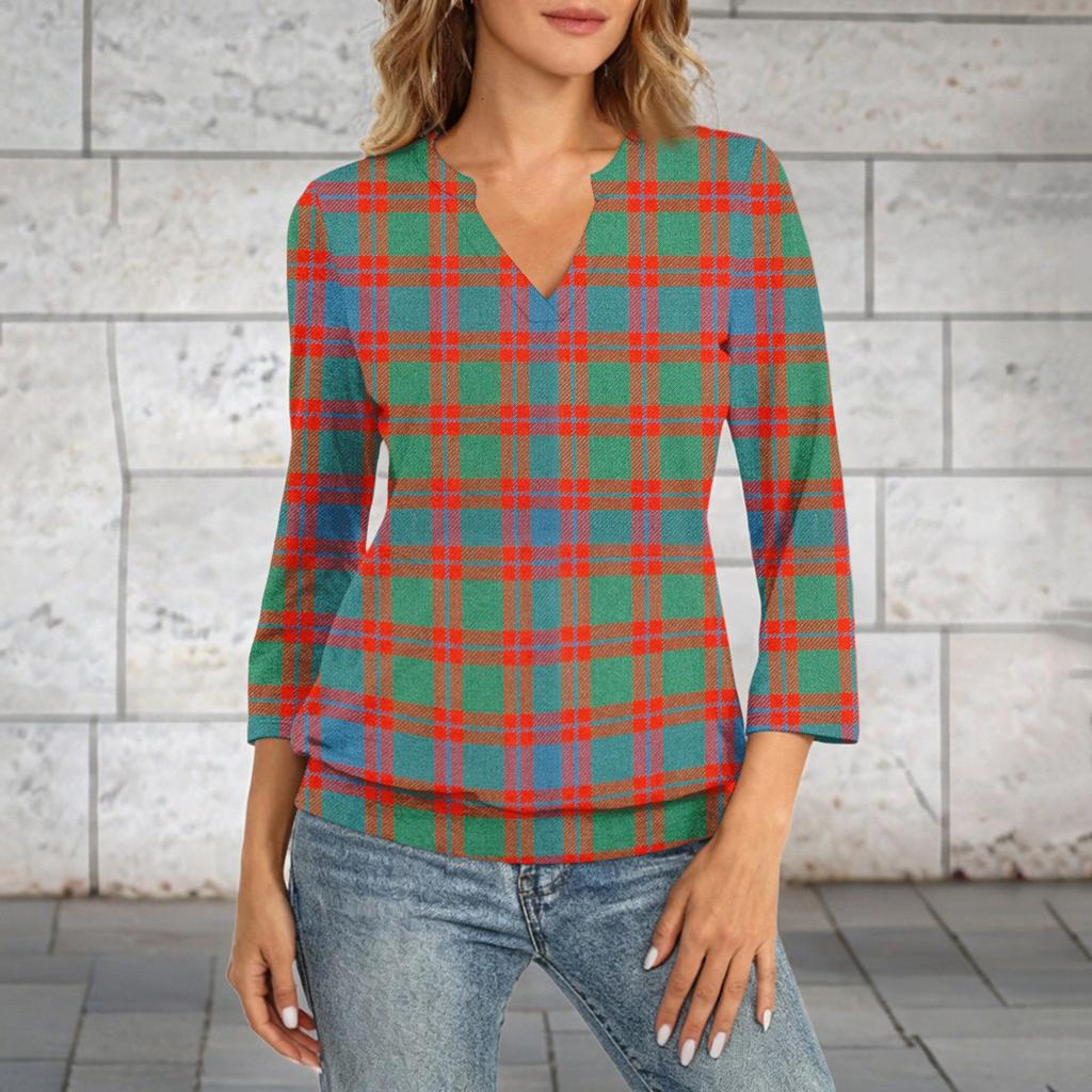 Women's 3/4 Sleeve Top Neck Hem V,Neck Summer Casual ,Shirt Plaid Printed Top