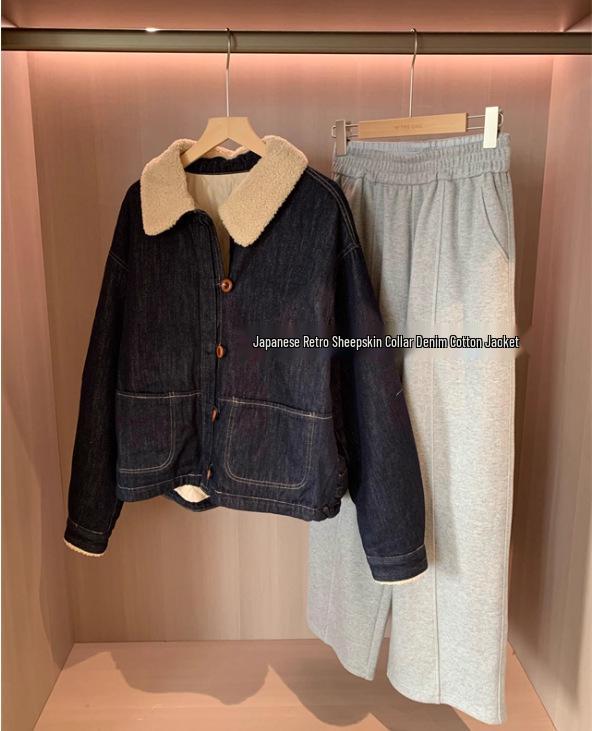 Women's Slimming Lapel Lambswool Padded Denim Jacket - Retro & Versatile