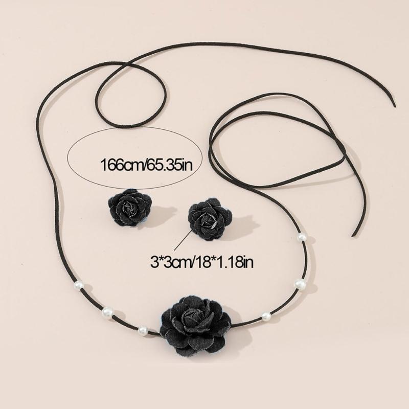 Stylish Camellia Jewelry Set Unique Flower Beaded Necklace and Earrings Floral Theme Neckchain Ear Studs Ornament