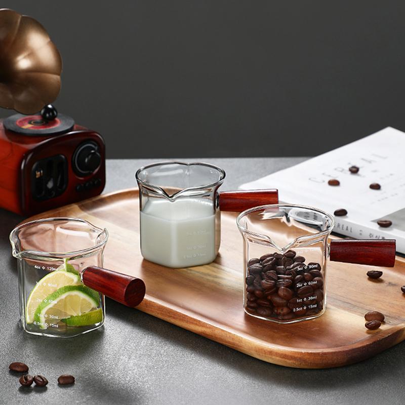 120 ml Glas Espresso Messbecher mit Holzgriff Sechseck Milchkännchen Kaffeezubehör Saucenbecher Servierkännchen Küche Zuhause Café