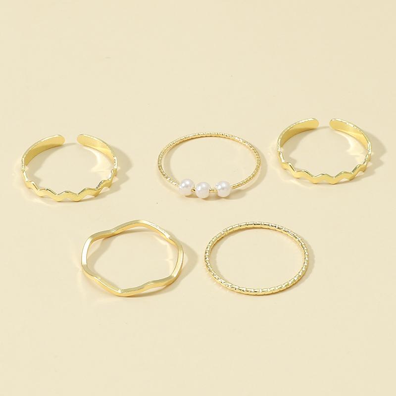 

5Pcs/Lot Wave Shaped Imitation Pearl Ring Set Korean Personality Anel for Women Adjustable Open Tail Anillo Wedding Zircon Gift