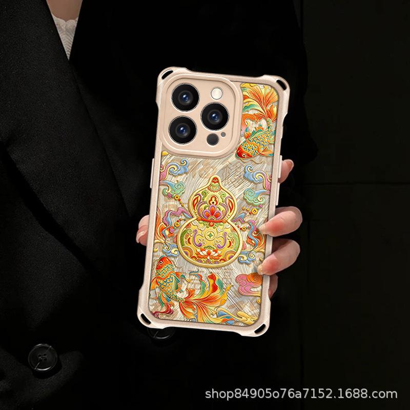 Koi Gourd Is Suitable for Apple 13Pro Mobile Phone Case 16 Lanyard 15p Leather Pattern 14 Anti-drop 13 Simple 12 Bracket Case