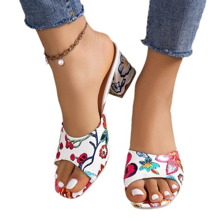 2024 European-American Style Women's Round Toe High Heel Slip-On Graffiti Sandals
