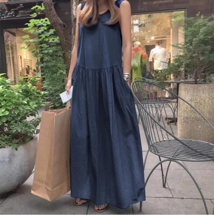 

Casual Loose Swing Dress Large Size Solid Color Round Neck Sleeveless Summer Cotton Linen Vest 5XL темно-синього кольору