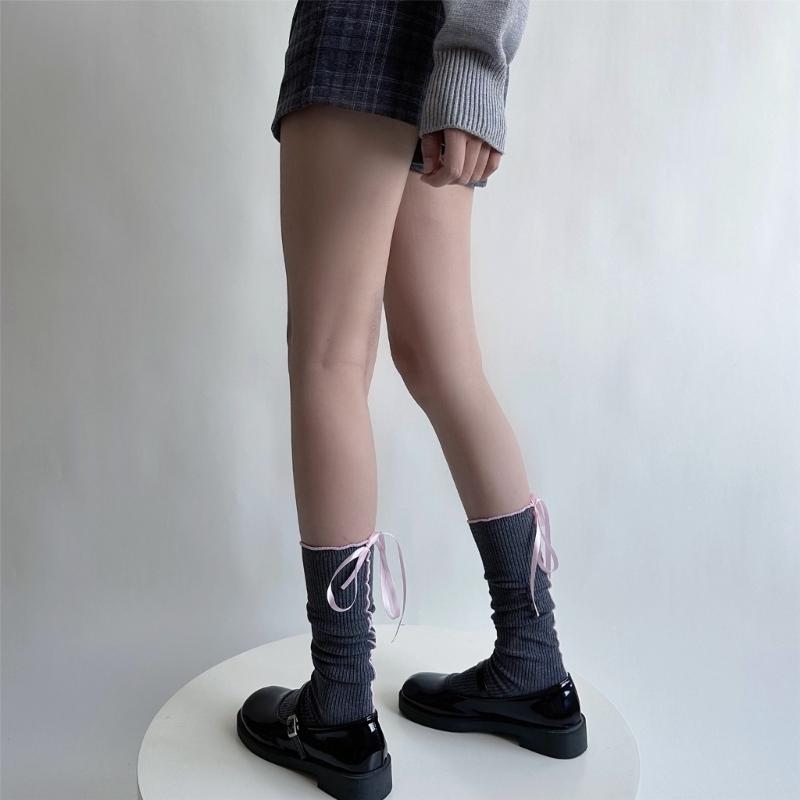 Japanese Style Fashion Middle Tube Calf Socks Women JK Girl Cute Bandage Bowknot Ruffke Trim Cotton Long Socks Stockings