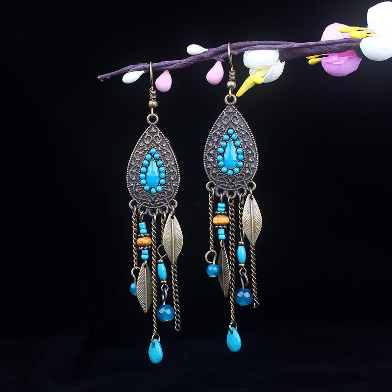 Bohemian Turquoise Owl Dream Catcher Tassel Earrings for Women