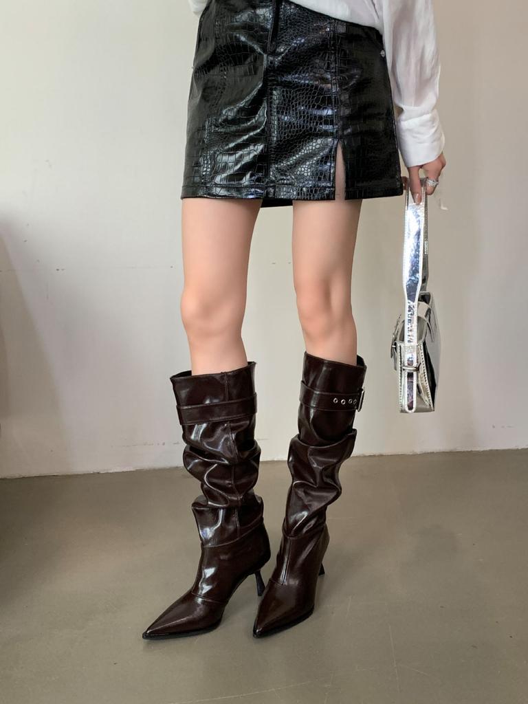 2025 autumn and winter new fashion versatile pointed high-heeled boots women's fashion British style fine heel but knee-high