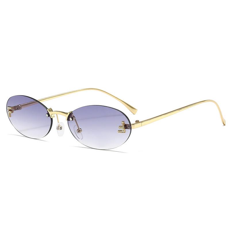 New European and American FF letter oval frameless women's sunglasses elegant diamond-encrusted small frame sunglasses UV protection