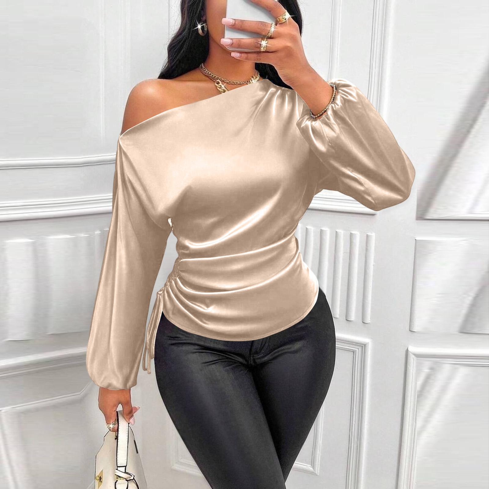 

26-3-14-Women s Asymmetrical Long Sleeved Collar Shirt Top2101 S бежевый