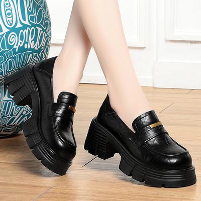 Mode Bequeme Leder Schuhe mit dicker Sohle Frühling Herbst Neu Rundzehen Damen Schuhe Vielseitig mit britischem Stil Dicke Absätze Slipper