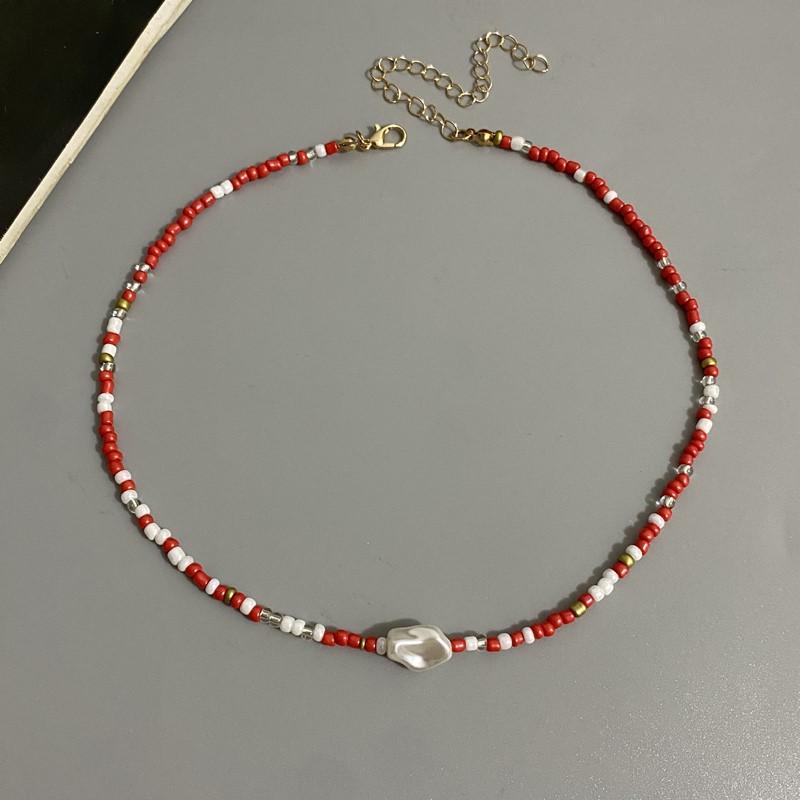 Fashion Boho Beads Necklace Women Imitation Pearl Seed Beaded Strand Short Choker Necklace Handmade Female Jewelry