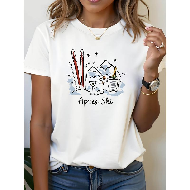 

After Skiing Party Theme in French, Round-Neck Spring And Summer T-Shirt for Women Featuring Snowboard And Snow Mountain Patterns 4XL