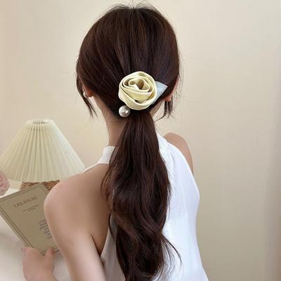 Peal Silk Satin Hair Rope Flower Elastic Hair Band Sweet Rose Hair Rope  Women