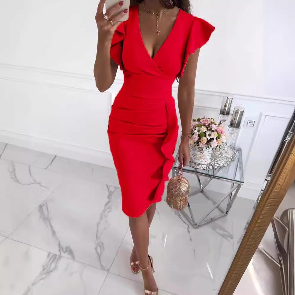 2024 European & American V-neck Ruffle Peplum Bodycon Dress - Slim Waist Evening Gown