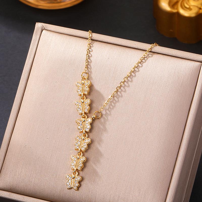 Korean Butterfly Tassel Luxury Diamond Titanium Steel Necklace - Women's Versatile Clavicle Jewelry