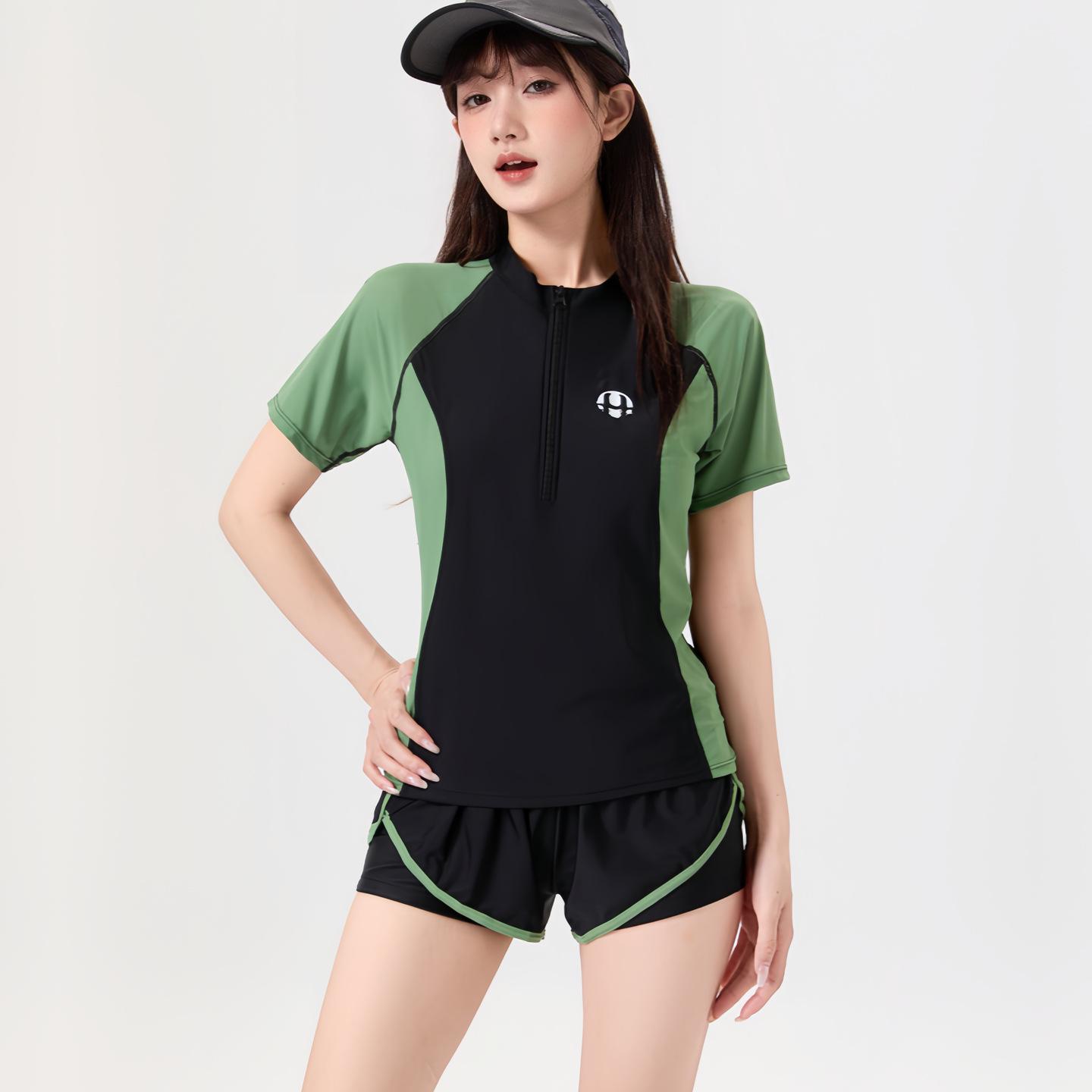 Women s Conservative Short Sleeve Two-Piece Slimming Tummy Conceal Boxer Swimwear L
