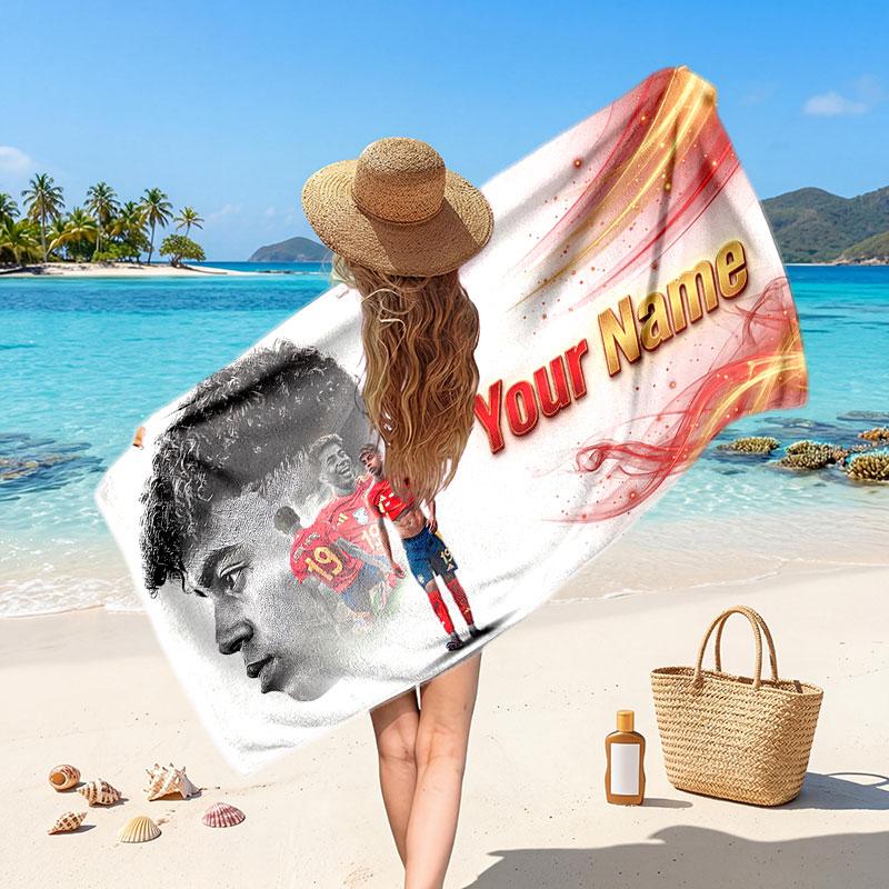 Asciugamano da Spiaggia Personalizzato Lamine Yamal, Stampa Testo Nome Personalizzato, Asciugamano Morbido ad Asciugatura Rapida con Logo Calcio, Regalo per le Vacanze