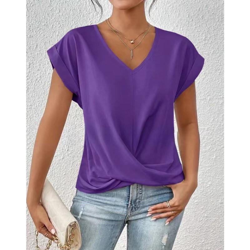 Autumn new products women's lightweight breathable V-neck T-shirt elegant knotted loose short-sleeved top women