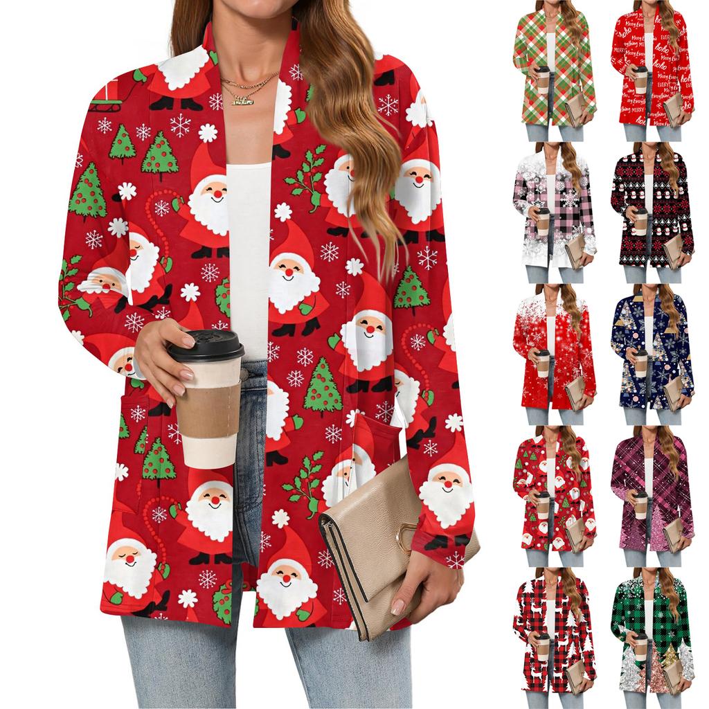 Women's Christmas Printed Lightweight Cardigan Long Sleeved Casual Loose Thin Fit With Pockets Cardigan Jacket