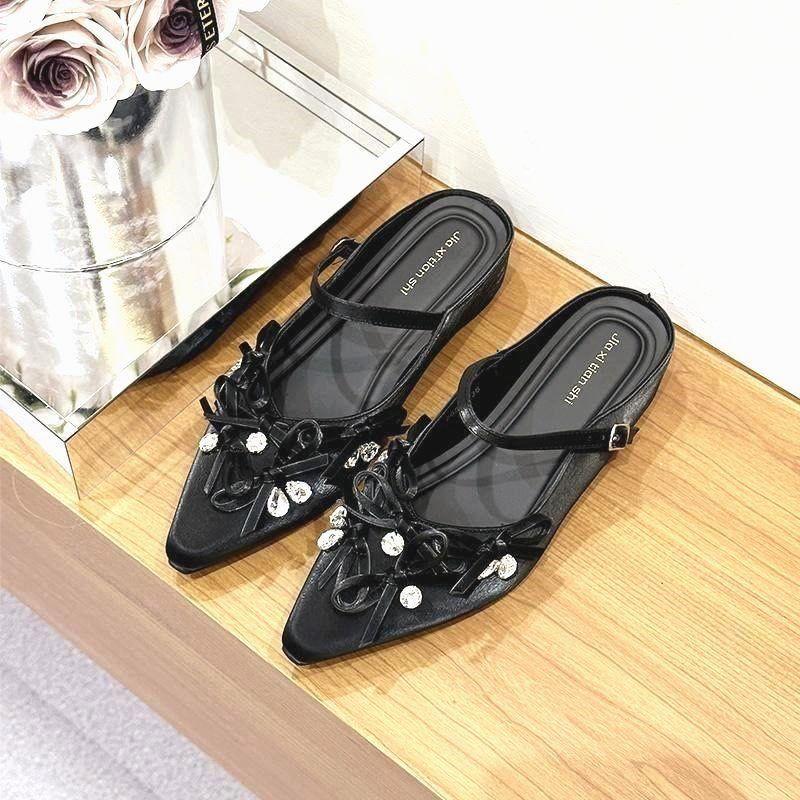 

2025 ранняя весна новинка французские туфли-мюли с острым носком на высокой платформе женская обувь лето 2025 новинка бант стразы 40 чёрный