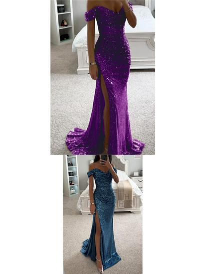 Europäisches & Amerikanisches One-Shoulder Pailletten-Schlitzkleid - Damen Freizeit Party Mode