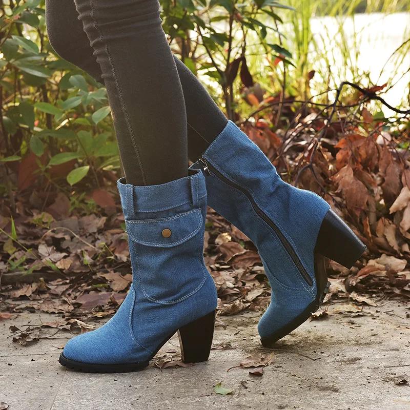 Fashion Cowboy Women's Boots 2024 Autumn and Winter New Pointed Denim Style Casual Temperament High Heels Single Shoes Zapatos De Mujer