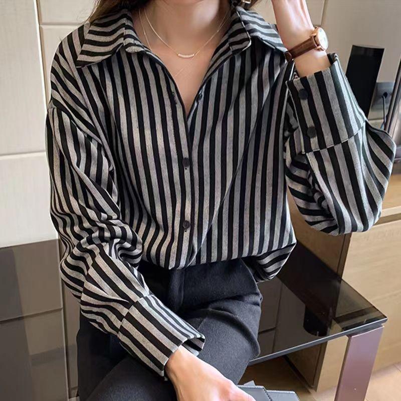 Women's Striped Plus Size Lazy Style Shirt Spring and Autumn Casual Versatile Long Sleeved BF Style Shirt