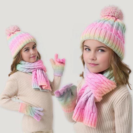 3Pcs/Set Kid Hat Scarf Gloves Set Rainbow Color Plush Ball Decor Knitted Hat Windproof Scarf Gloves Set Winter Accessories