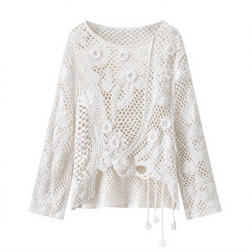 

Zbzr Осень Новинка Женская одежда Западный стиль Мода Ажурная вязка Круглый вырез Накидка Свободный дизайн Топ White One size