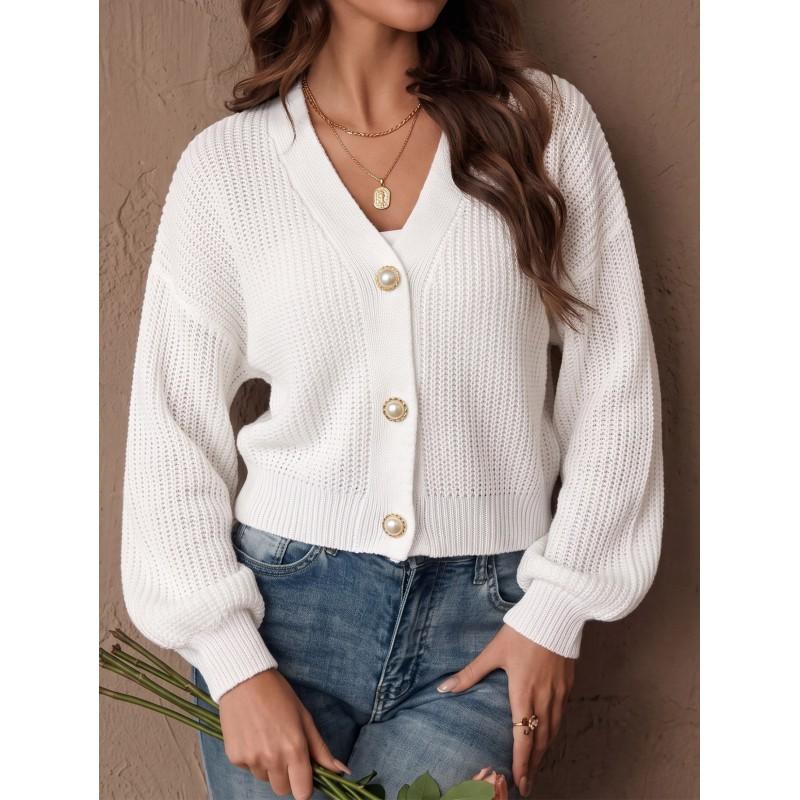Womens Short Knit Cardigan Fall Winter Casual V-Neck Pearl Button Sweater