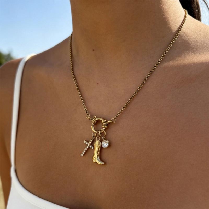 Stylish Symbol and Boot Pendant Necklace Stainless Steel with Glittering Stones Chain Necklace Suitable for Fashion Lady